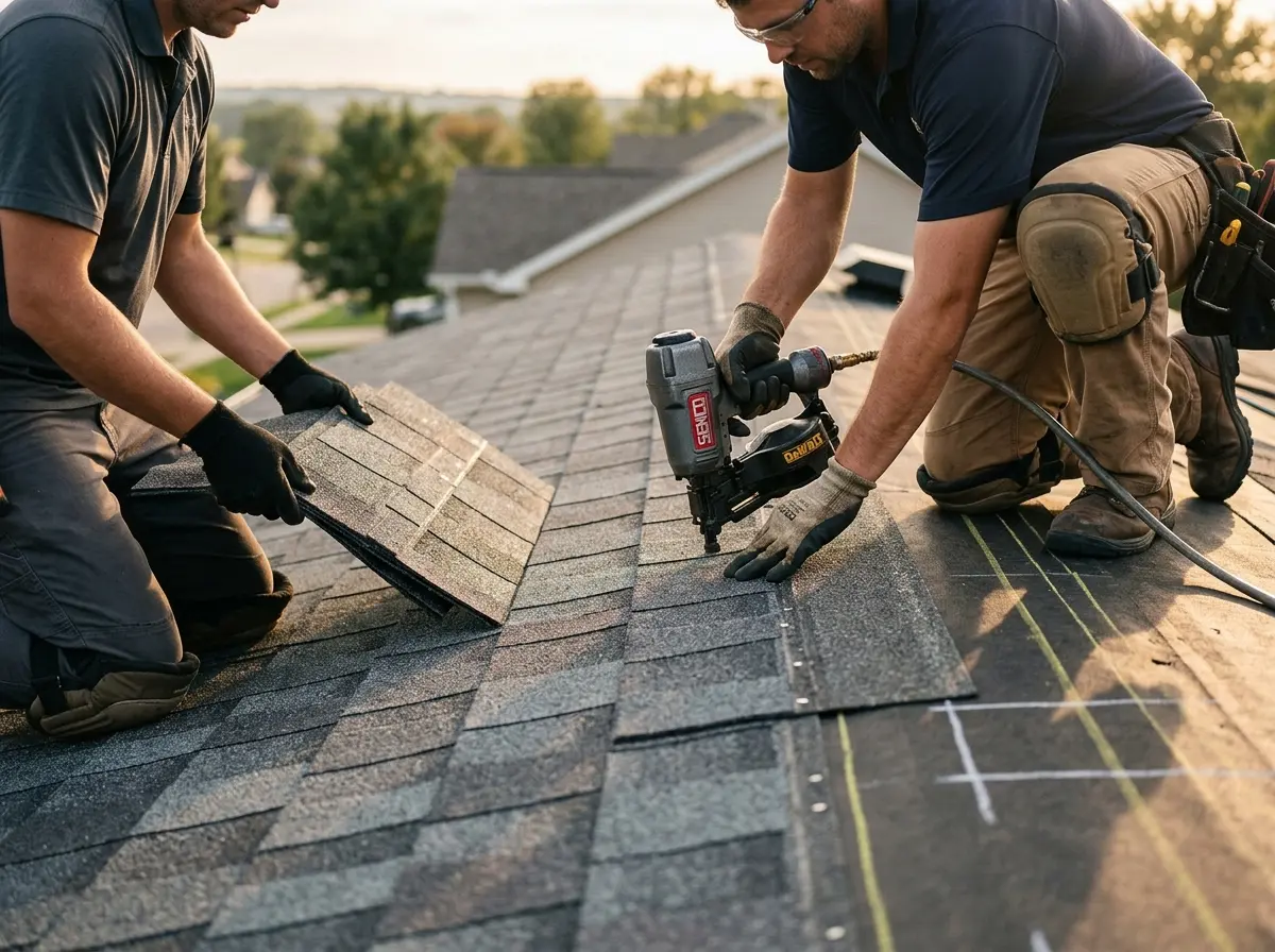 Professional roofer working on a residential roof in Elsmere